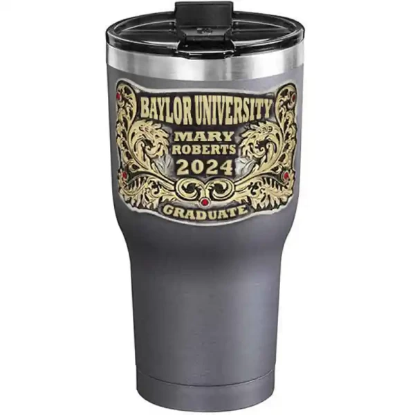 A customized tumbler made of stainless steel with a personalized engraved name and Baylor University lettering, 30 oz, ideal for coffee or cool drinks